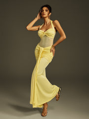Halterneck Draped Maxi Dress In Butter Yellow