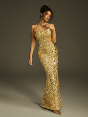 Robe longue bustier fendue à effet métallisé