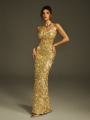 Robe longue bustier fendue à effet métallisé