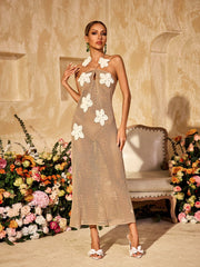 Halterneck Cutout Flower Midi Dress