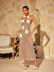 Halterneck Cutout Flower Midi Dress