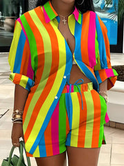 Vibrant Striped Shirt Shorts Set