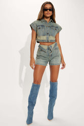 Lace-Up Denim Shorts Set