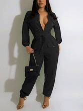V Neck Long Sleeve Solid Jumpsuits