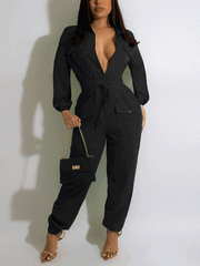 V Neck Long Sleeve Solid Jumpsuits