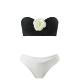 3d flower bandeau bikinis Sets 3pcs with long mesh split black white patchwork swimsuit bathing suit