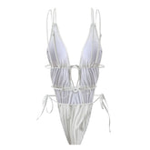 wrinkled swimsuit one piece deep v-neck bikini thong swimwears biquini bathing black and white 2 color