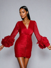V Neck Ruched Mini Dress In Red