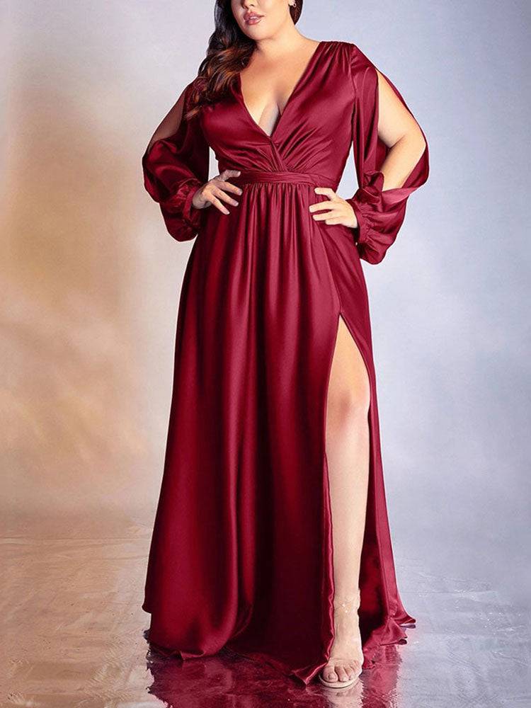 Solid Long Sleeve Slit Maxi Dresses