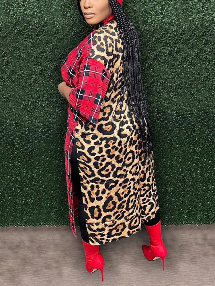Leopard Plaid Patchwork Slit Cardigans