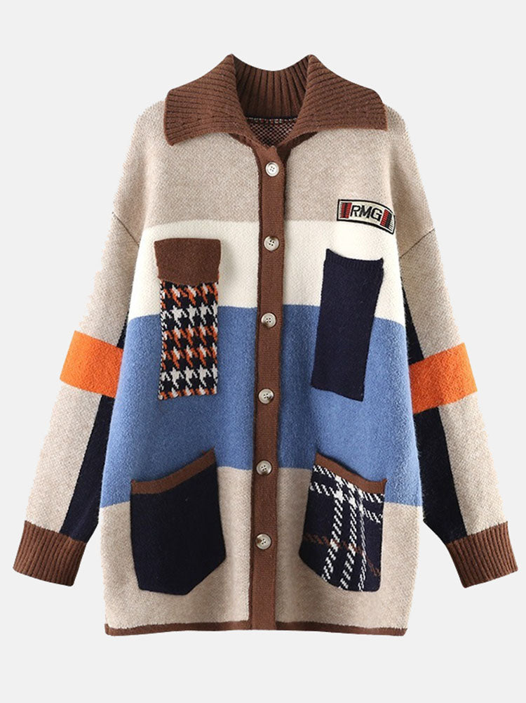 Retro Color Block Sweater Cardigans