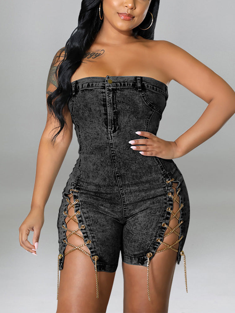 Strapless Denim Lace-up Rompers