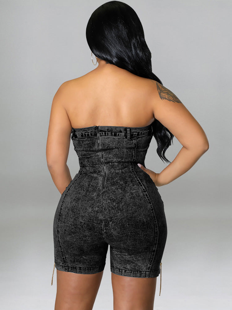 Strapless Denim Lace-up Rompers