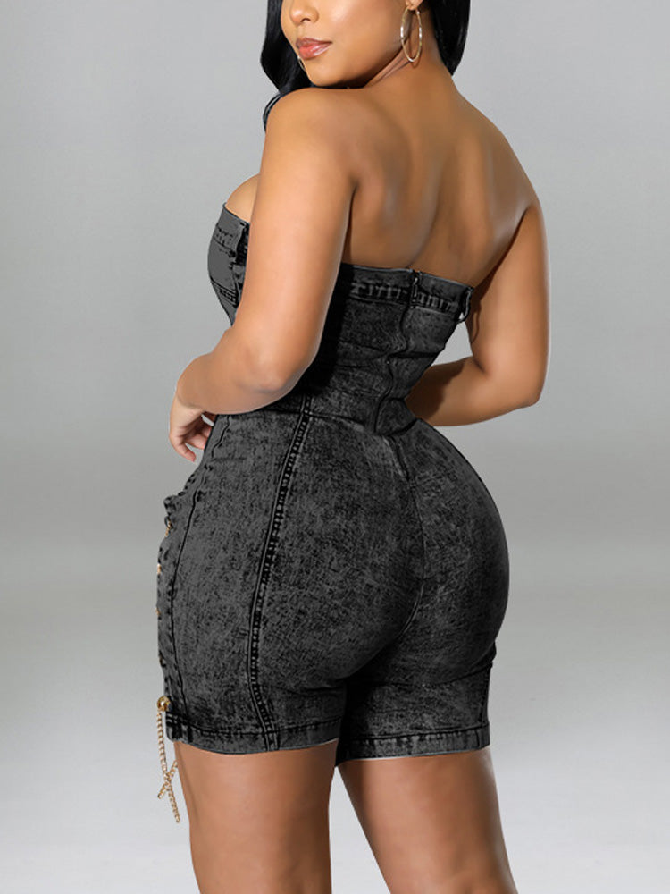 Strapless Denim Lace-up Rompers