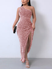 Sequin One Shoulder Slit Dresses
