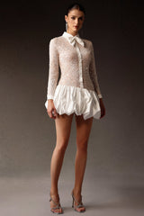 Robe mini bouffante longue sans manches en dentelle brodée et sequins 