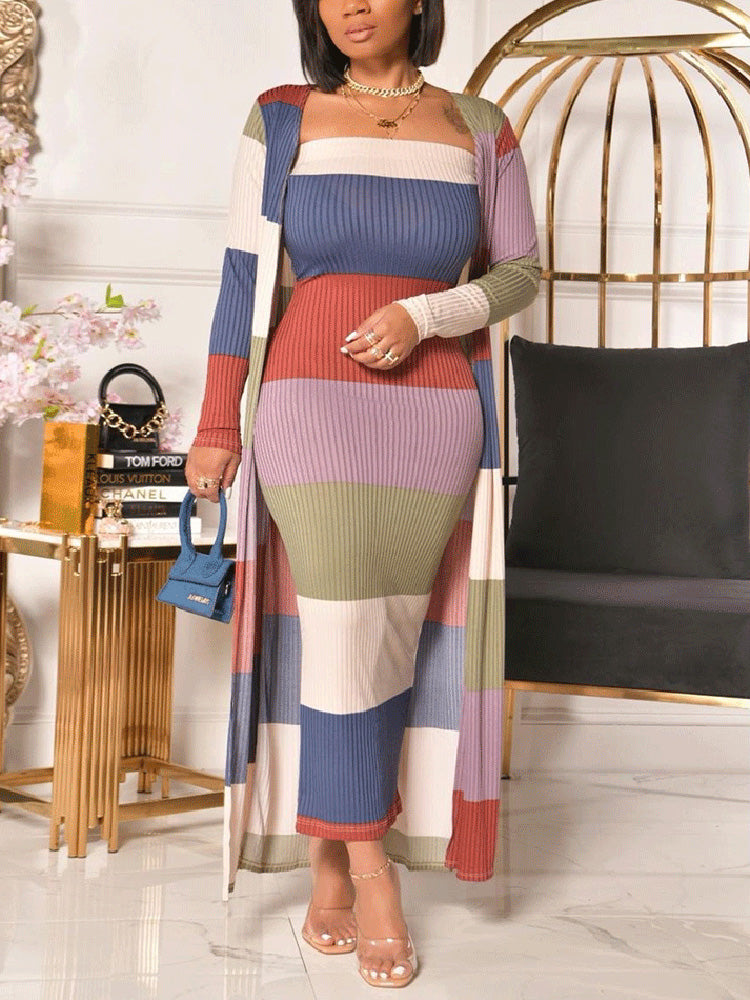 Ribbed Knitted Striped Dress Coat Set