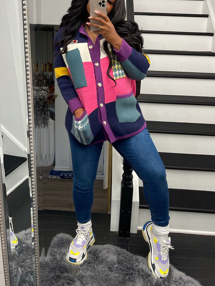 Retro Color Block Sweater Cardigans