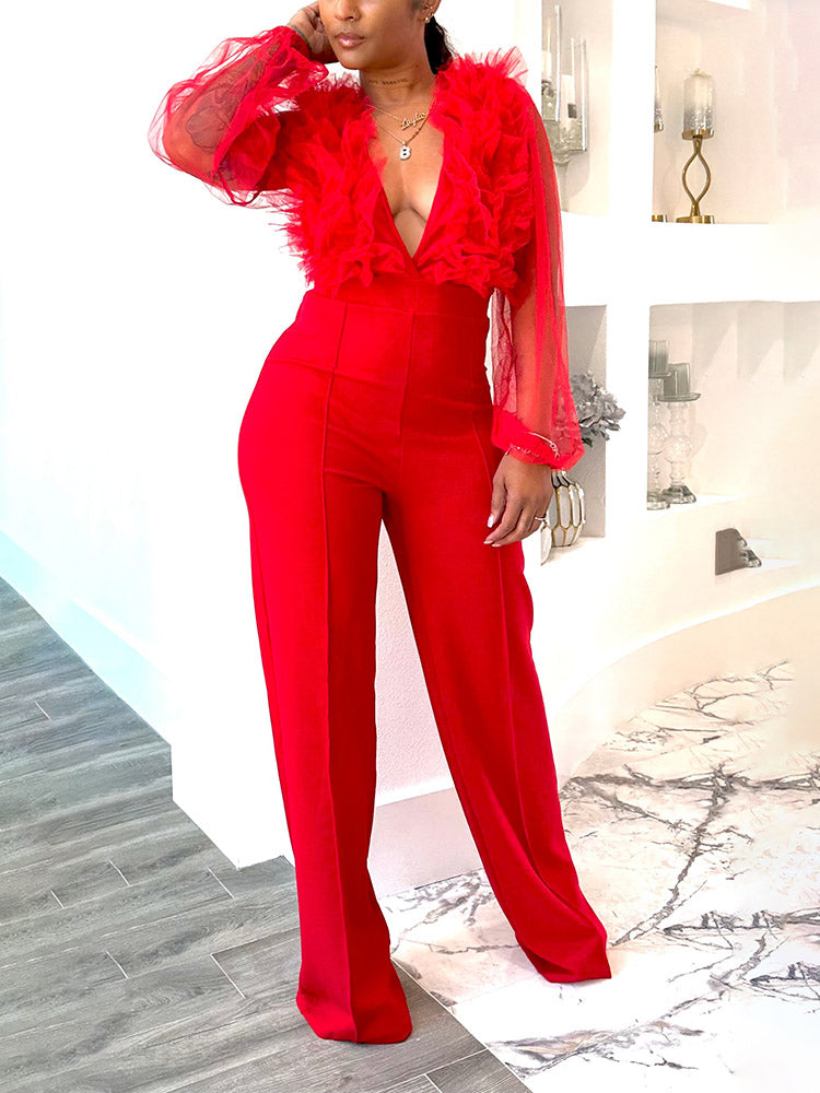 Mesh V Neck Jumpsuits