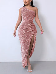Sequin One Shoulder Slit Dresses