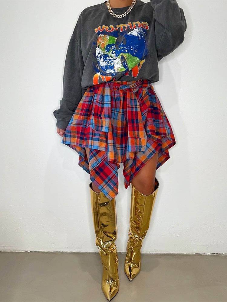 Asymmetric Plaid Midi Skirts