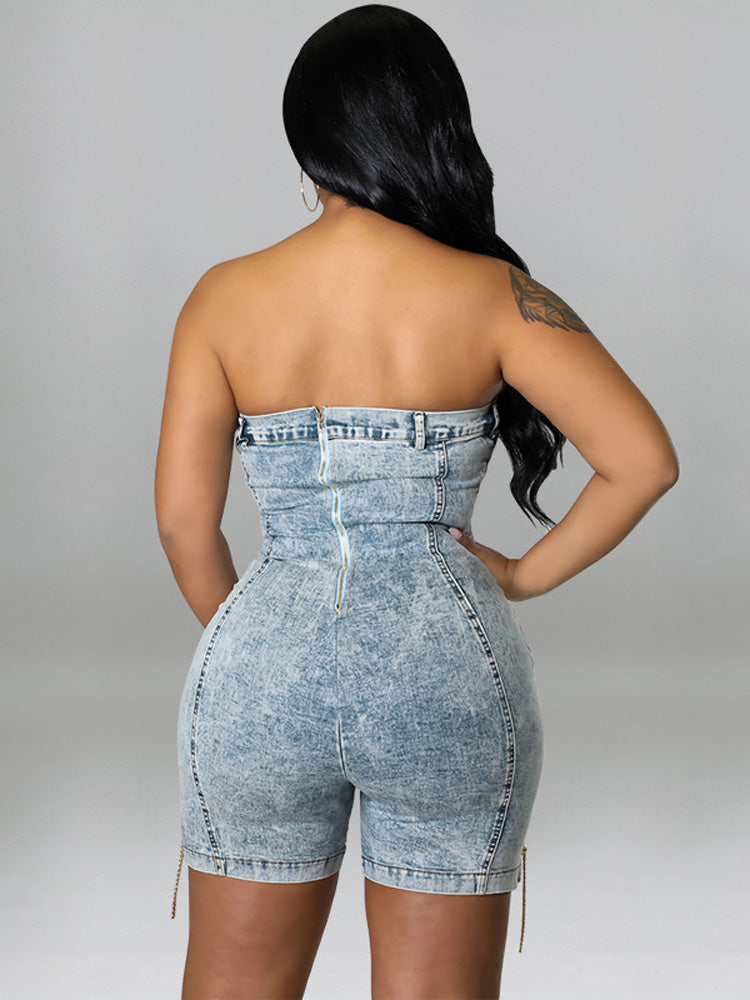 Strapless Denim Lace-up Rompers