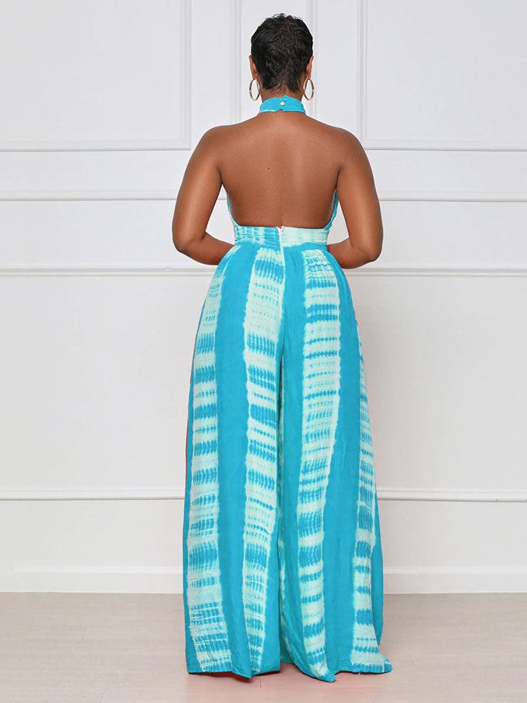Halter Backless Printed Wide Leg Jumpsuits
