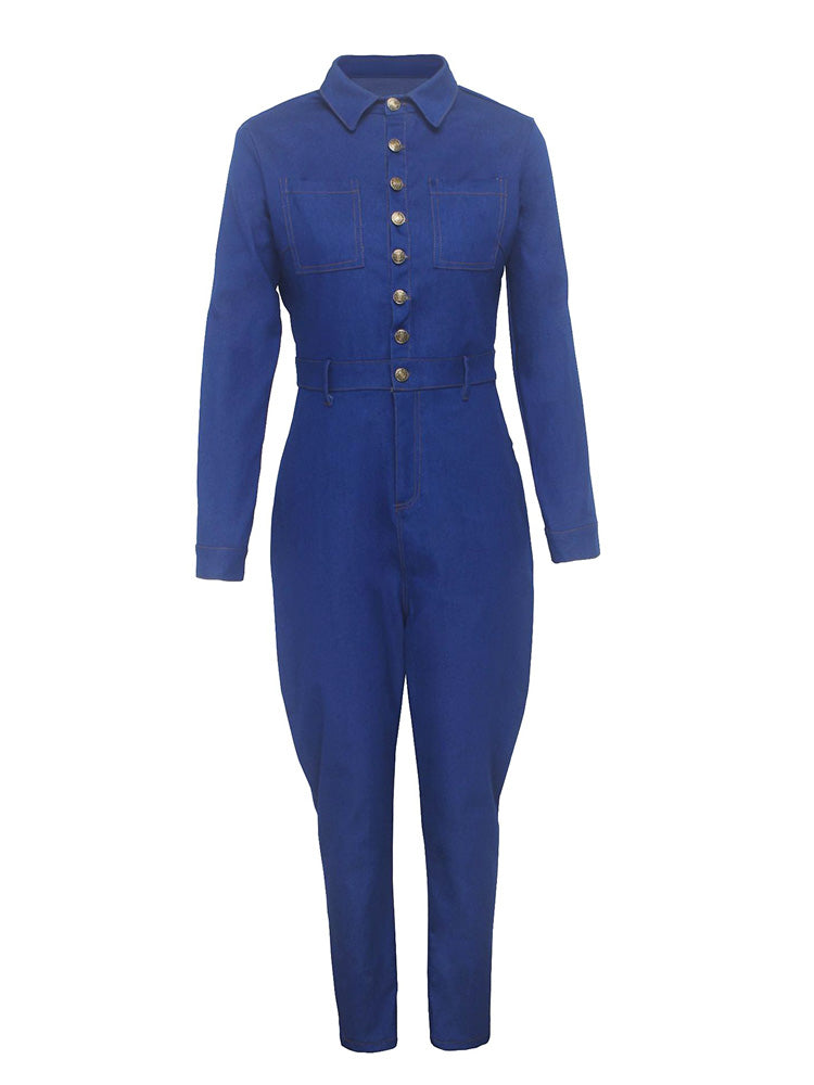Button Skinny Denim Jumpsuits