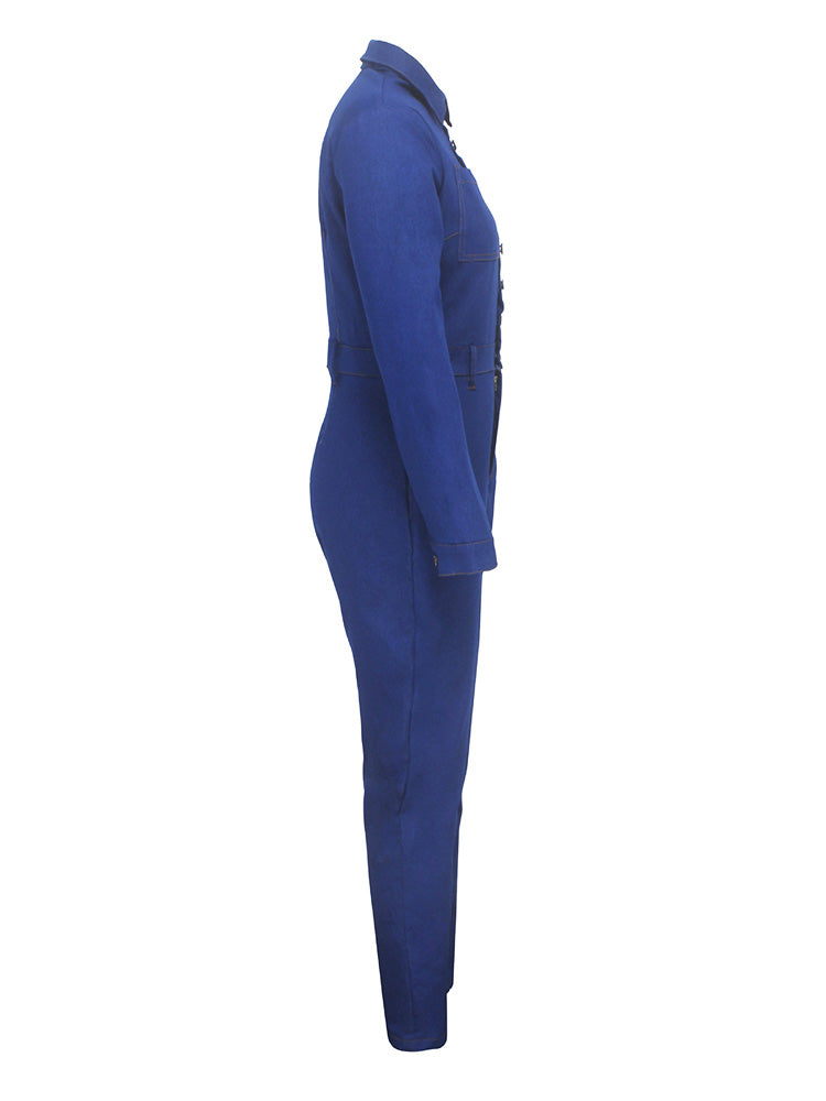 Button Skinny Denim Jumpsuits