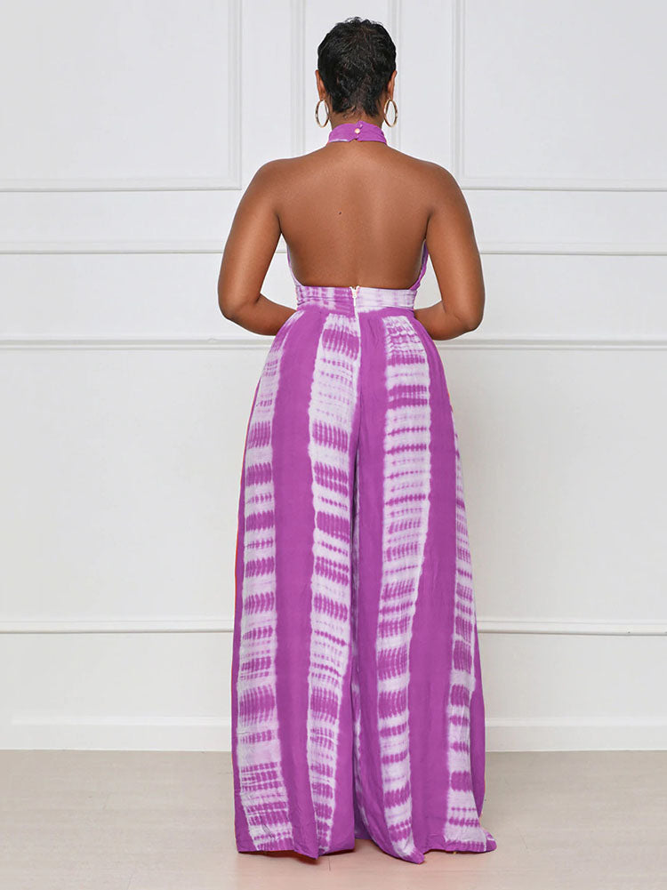 Halter Backless Printed Wide Leg Jumpsuits