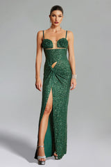 Flower Cut Out Twist Slit Maxi Dress - Green