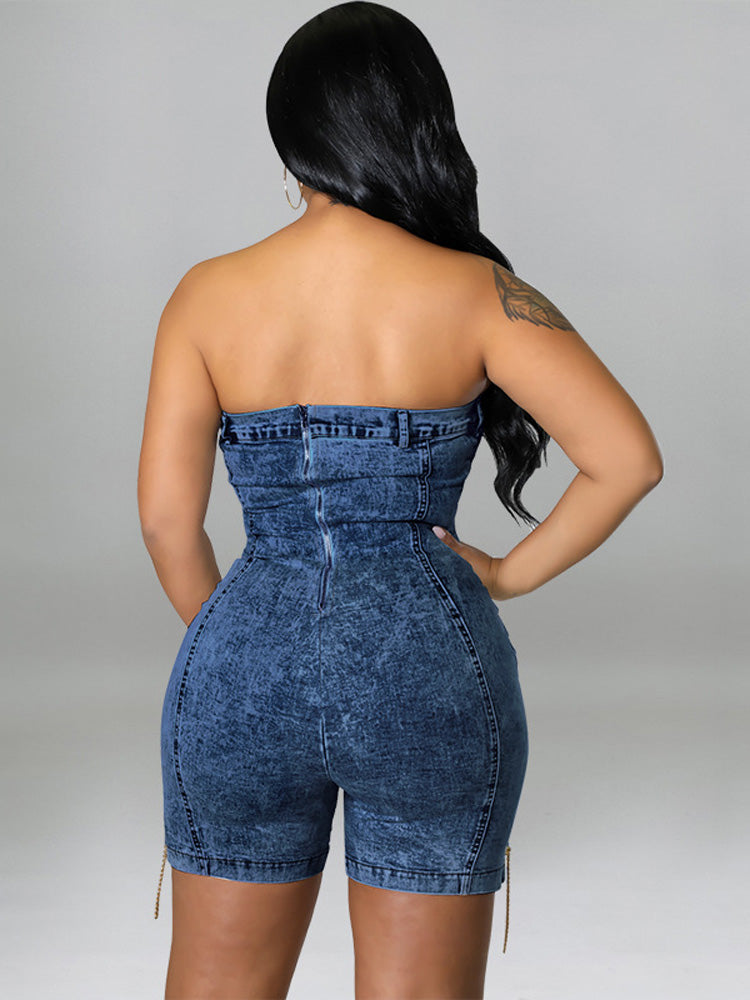 Strapless Denim Lace-up Rompers