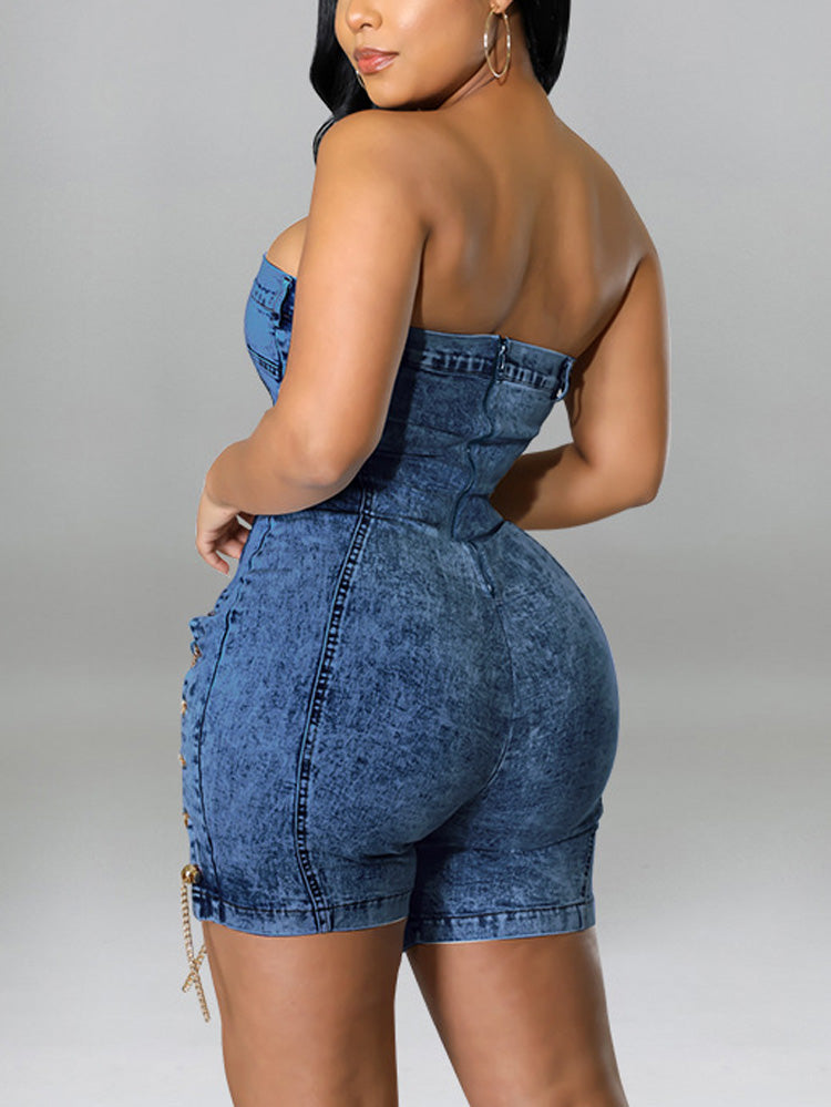 Strapless Denim Lace-up Rompers
