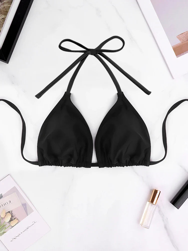 1Pc Bikini Top Bra Swimsuit Style Solid Color Hanging Neck Bareback Strap Bikini Swimsuit Bra Swimsuit