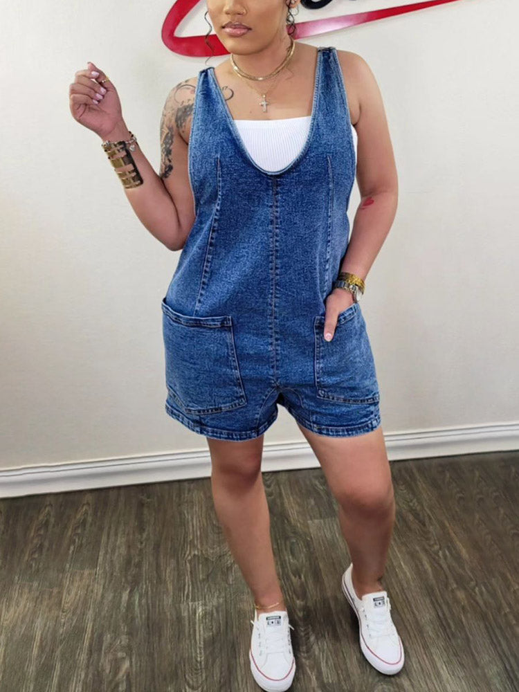 Scoop Neck Denim Shorts Overalls