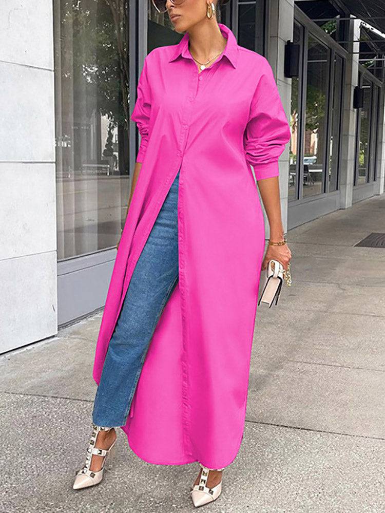 Solid Button Split Shirt Dresses