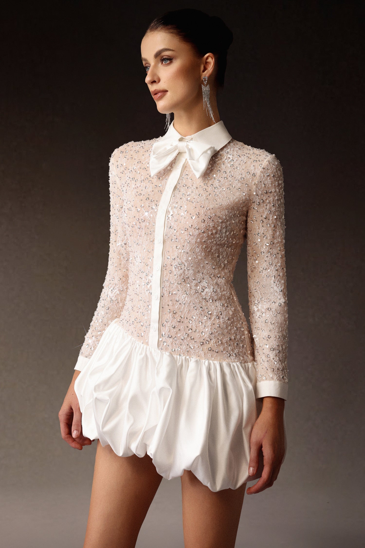 Robe mini bouffante longue sans manches en dentelle brodée et sequins 