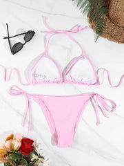 2 Pc Thong Solid Color Bikini Set Side Halter Tie Swimsuit Ladies Split Strap Adjustable Swimwearwear