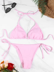 2 Pc Thong Solid Color Bikini Set Side Halter Tie Swimsuit Ladies Split Strap Adjustable Swimwearwear
