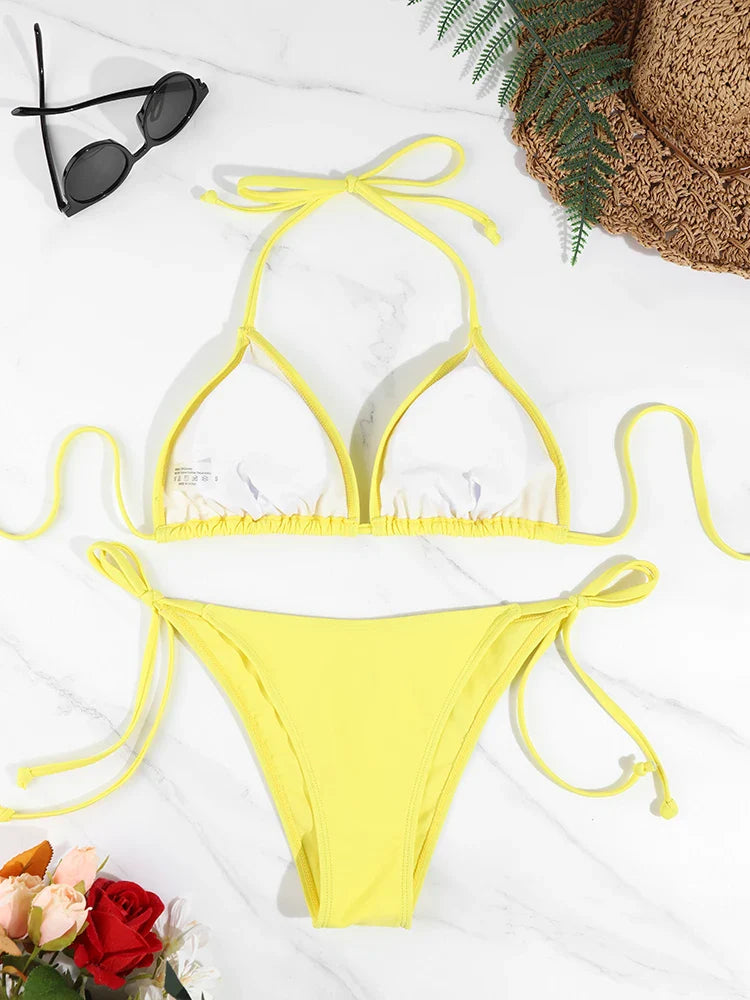 2 Pc Solid Color Swimsuit Ladies Thong Bikini Set Side Halter Tie Split Strap Adjustable Swimwearwear