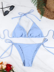 2 Pc Solid Color Swimsuit Ladies Thong Bikini Set Side Halter Tie Split Strap Adjustable Swimwearwear