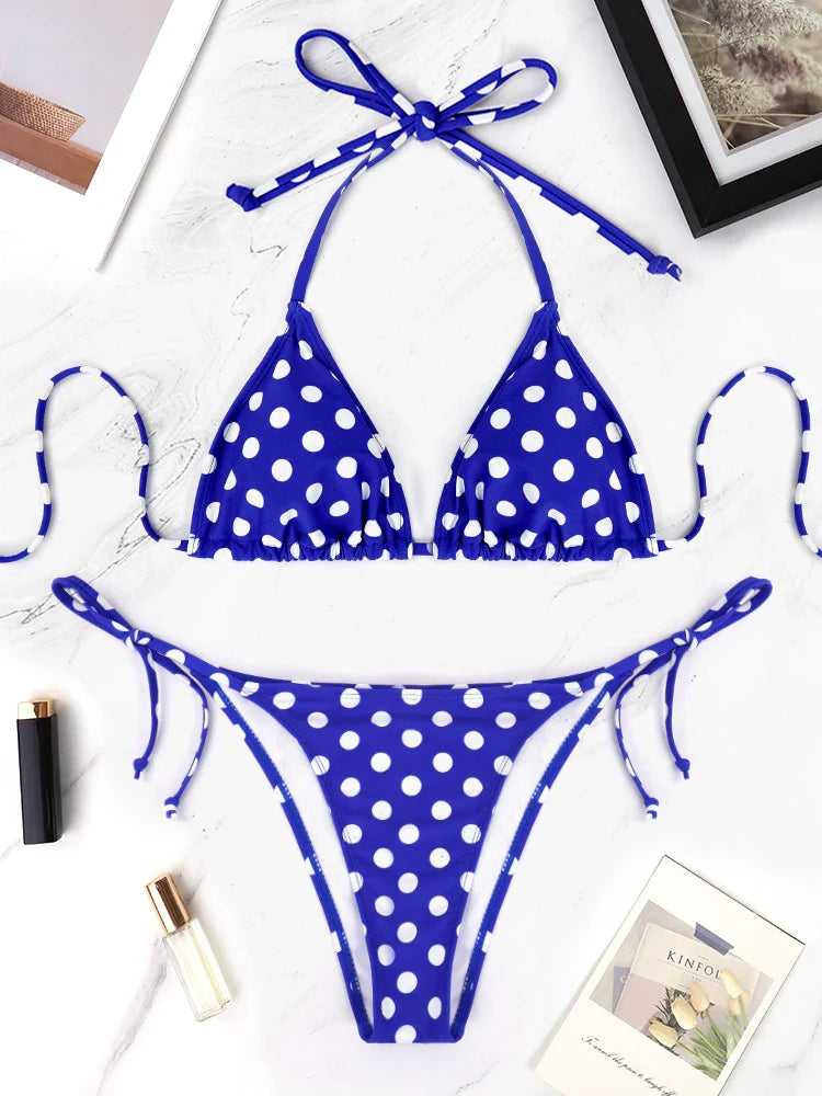 2 Pcs/Set Swimsuit Bikini Set Blue And White Polka Dot Pattern Swimsuit Casual Lady's Bikini Set