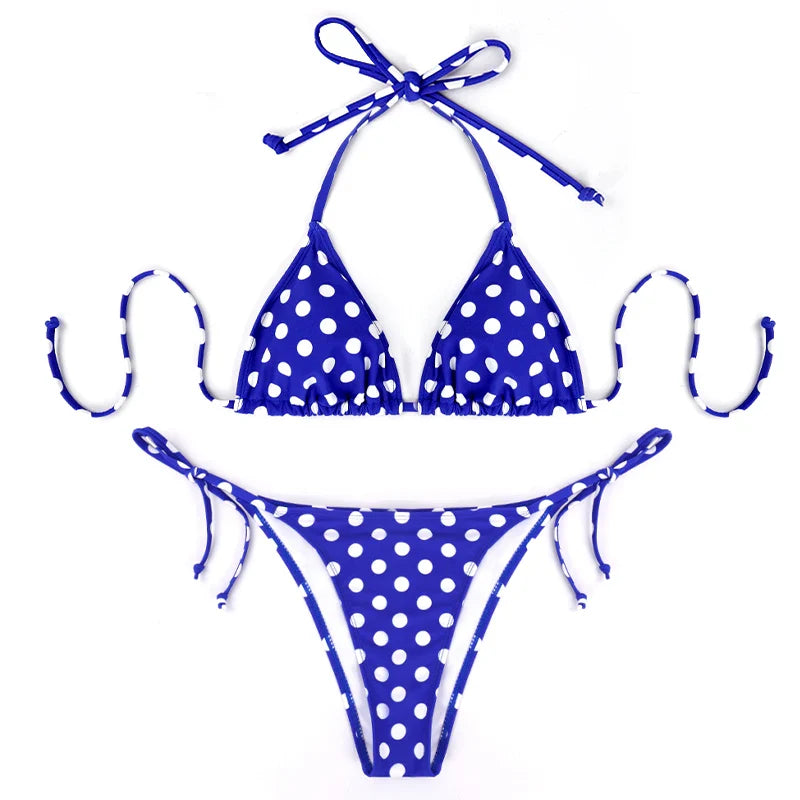 2 Pcs/Set Swimsuit Bikini Set Blue And White Polka Dot Pattern Swimsuit Casual Lady's Bikini Set