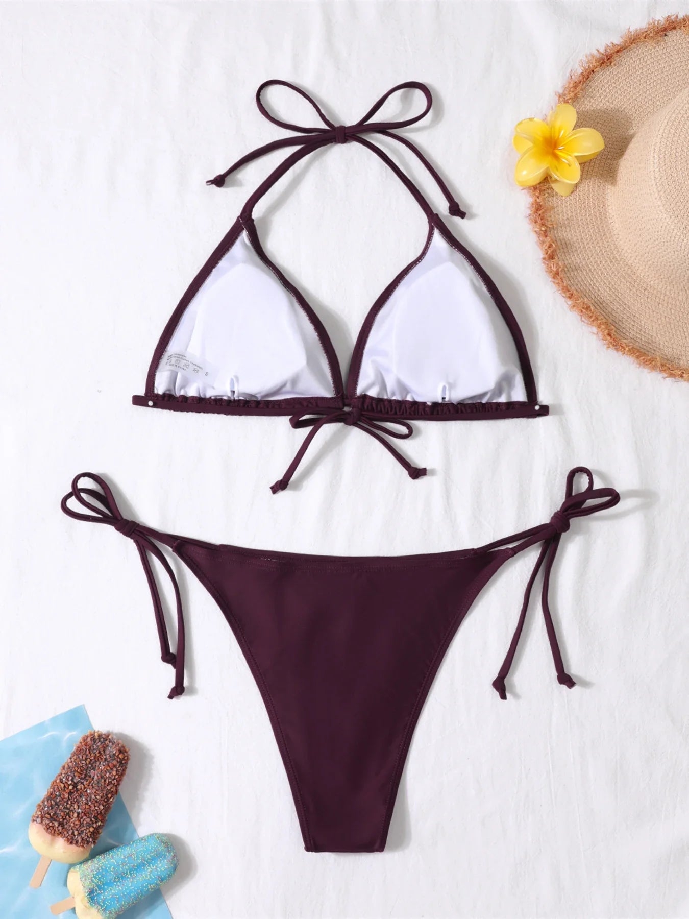 2 Pcs/Set Simple and Bikini Swimsuit Solid Color Strap Bareback Strap Side Bandage Thong Lady's Swimsuit Set