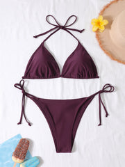 2 Pcs/Set Simple and Bikini Swimsuit Solid Color Strap Bareback Strap Side Bandage Thong Lady's Swimsuit Set