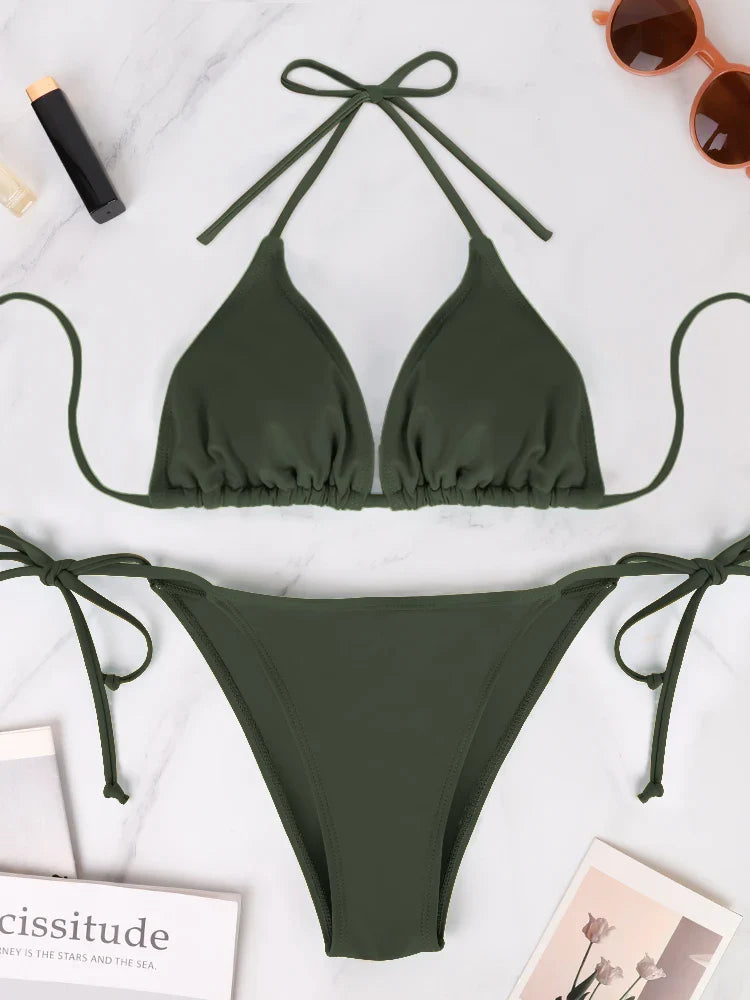 2 Pcs Solid Color Bikini Set Strapless Bareback Strap Thong Swimsuit Simple Lady's Bandage Side Detail