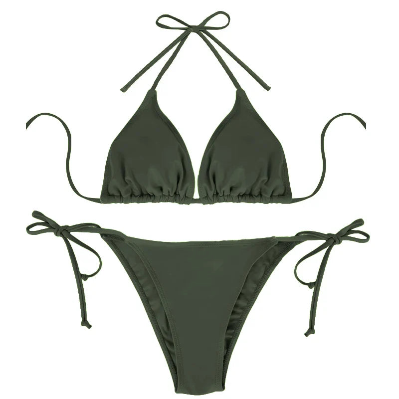 2 Pcs Solid Color Bikini Set Strapless Bareback Strap Thong Swimsuit Simple Lady's Bandage Side Detail