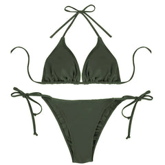 2 Pcs Solid Color Bikini Set Strapless Bareback Strap Thong Swimsuit Simple Lady's Bandage Side Detail