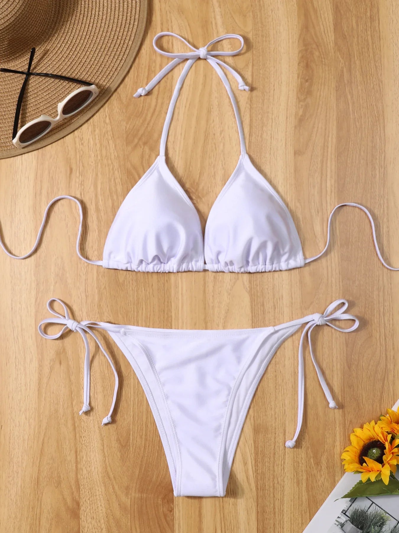 2-Piece Pure White BikiniSet ThinShoulderStrap Backless Swimsuit with Fine Straps Simple Bandage Side Detail