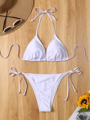 2-Piece Pure White BikiniSet ThinShoulderStrap Backless Swimsuit with Fine Straps Simple Bandage Side Detail